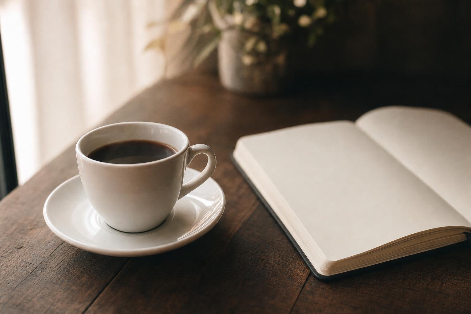 Coffee cup and paper notebook on a wooden table