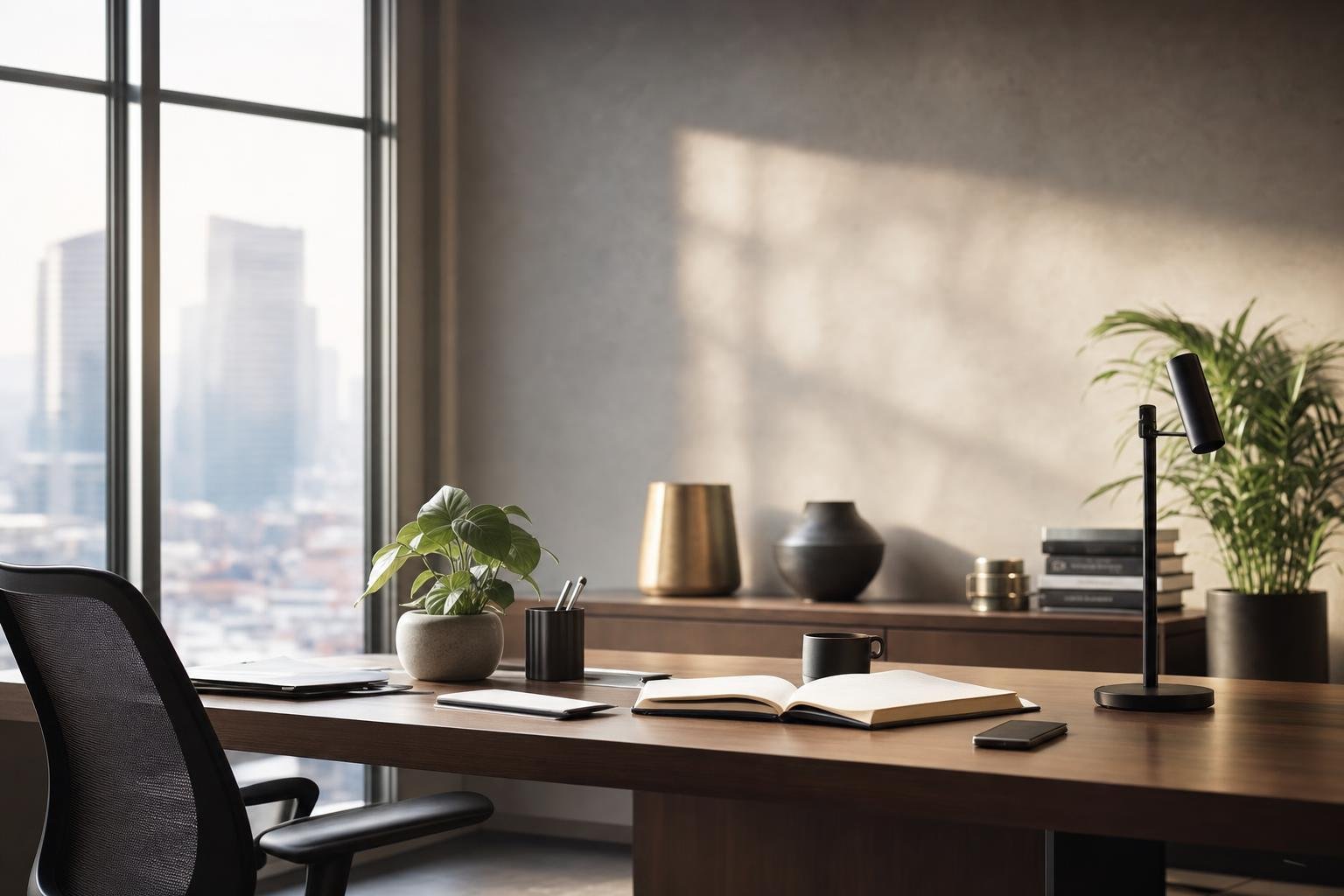Calm minimalist desk with a notebook, coffee and a plant